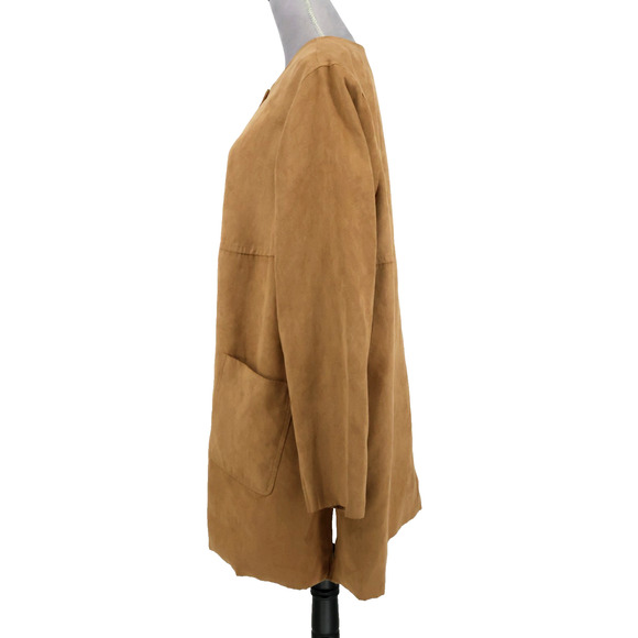 Susan Graver Jacket Plus Size 1X Camel Beige Faux Suede Lined Long Blazer Pocket - Picture 5 of 14